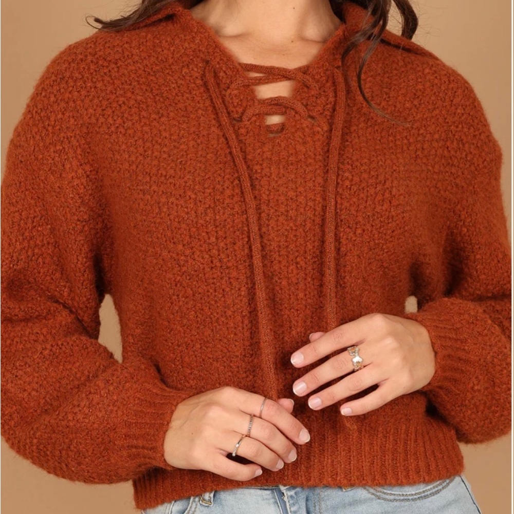 CATE TIE NECK KNIT SWEATER - RUST - Picture 2 of 5